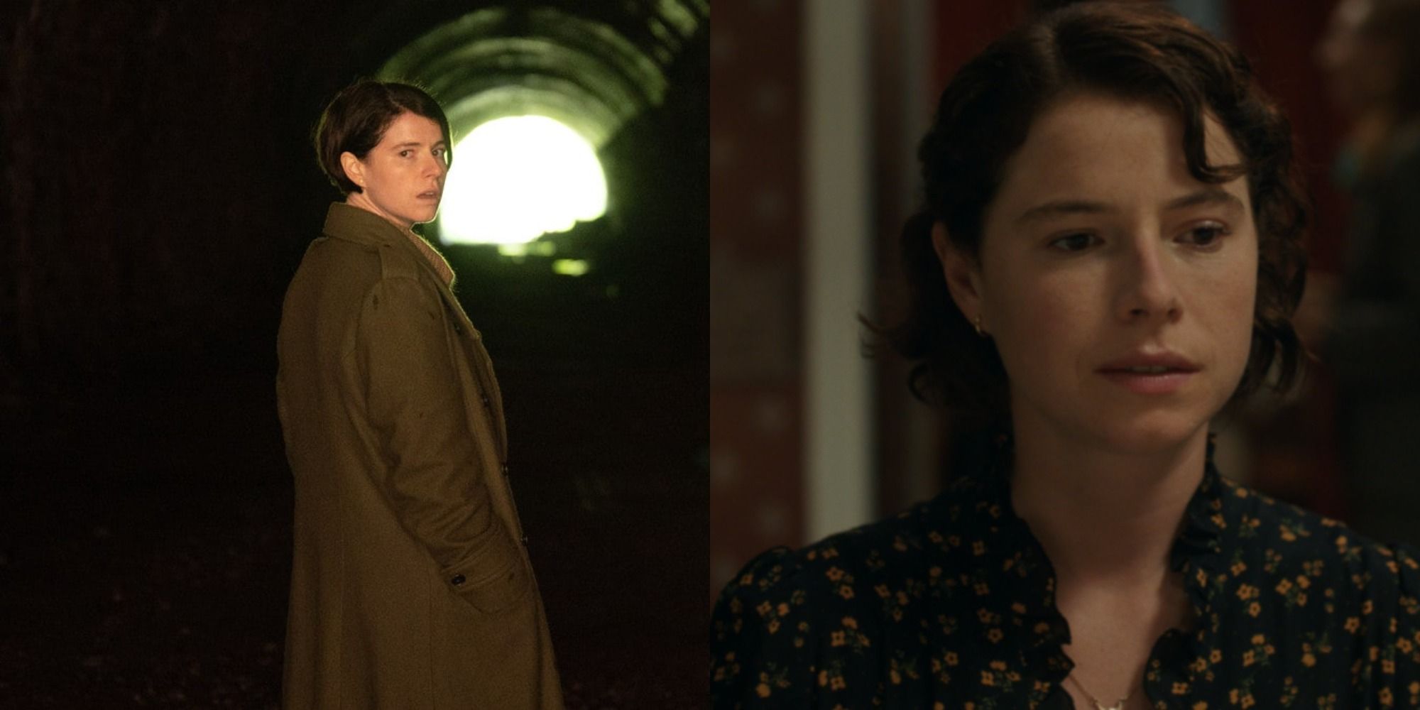 Split image of Jessie Buckley in a tunnel in Men and in closeup in The Lost Daughter