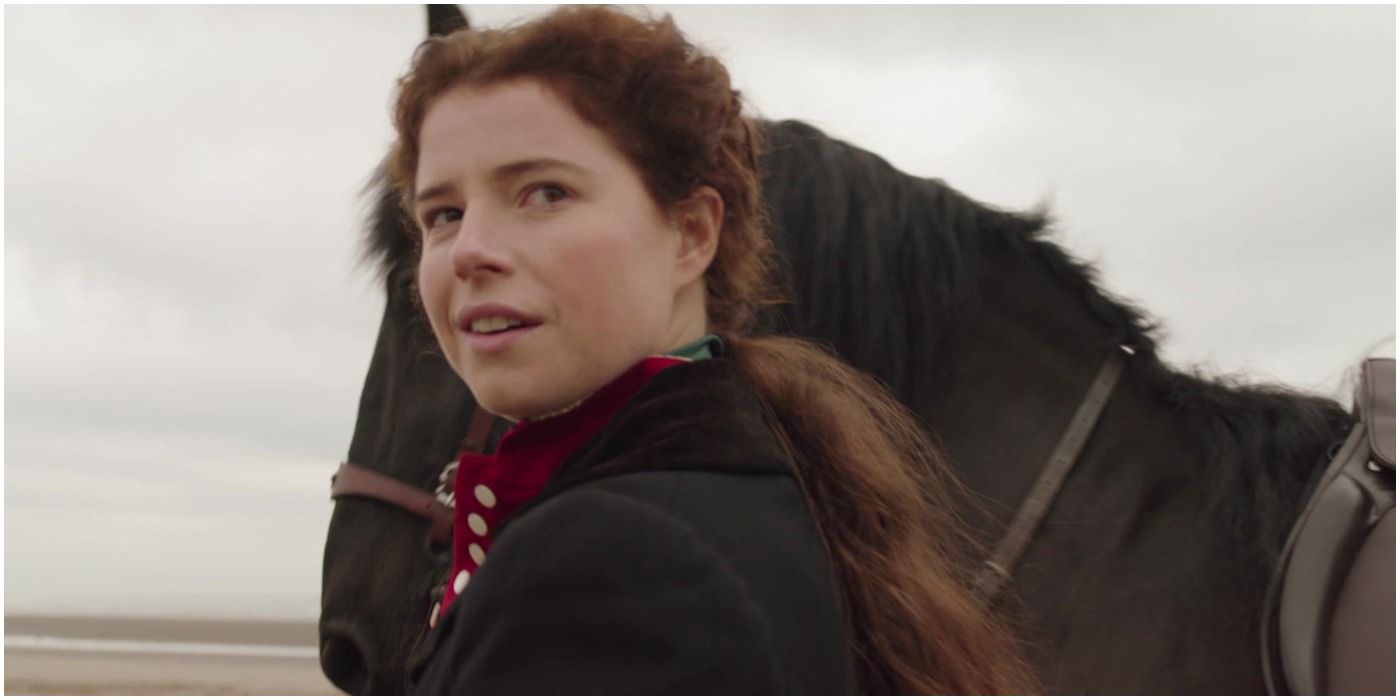 Jessie Buckley in front of a horse in The Woman in White