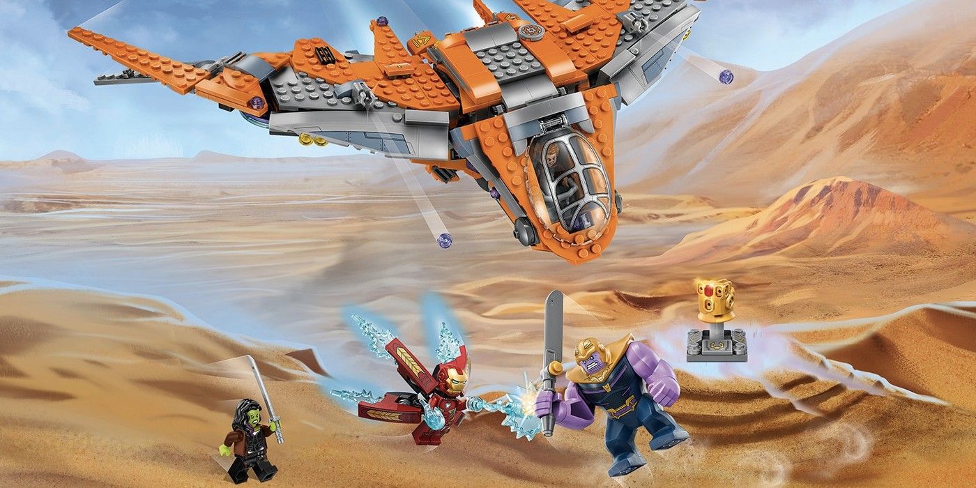 Battle on Titan in LEGO featuring Gamora fighting alongside Iron Man and Star-Lord.