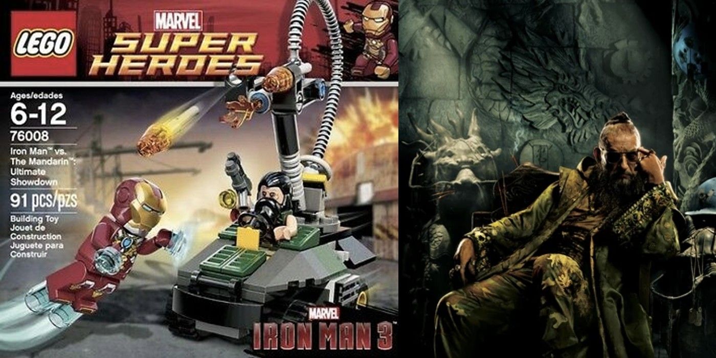LEGO set featuring Iron Man vs the Mandarin, alongside a photo of Ben Kingsley as Trevor Slattery.
