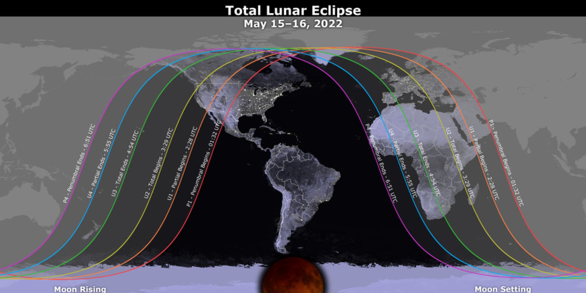 A map showing the stages of the total lunar eclipse happening in May 2022