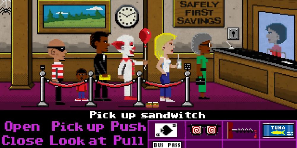 Players stand in line at the bank in Maniac Mansion