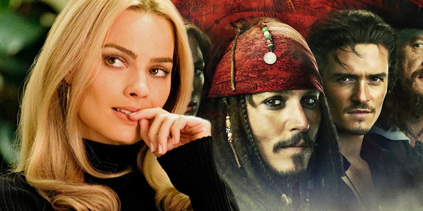 Margot Robbie and Johnny Depp and Orlando Bloom in Pirates of the Caribbean