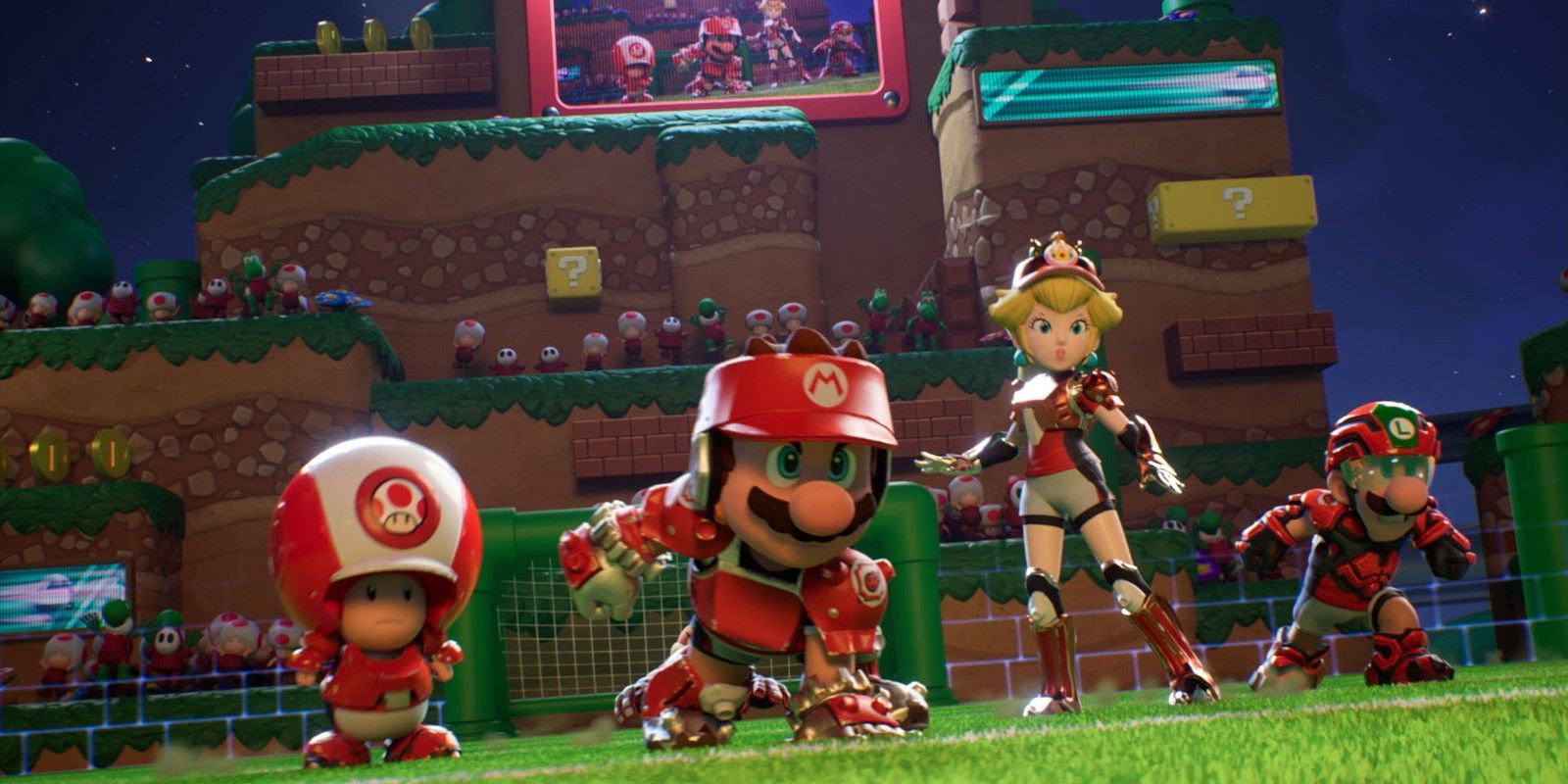 Toad, Mario, Peach, and Luigi lining up on the pitch in anticipation of a Mario Strikers: Battle League match starting.
