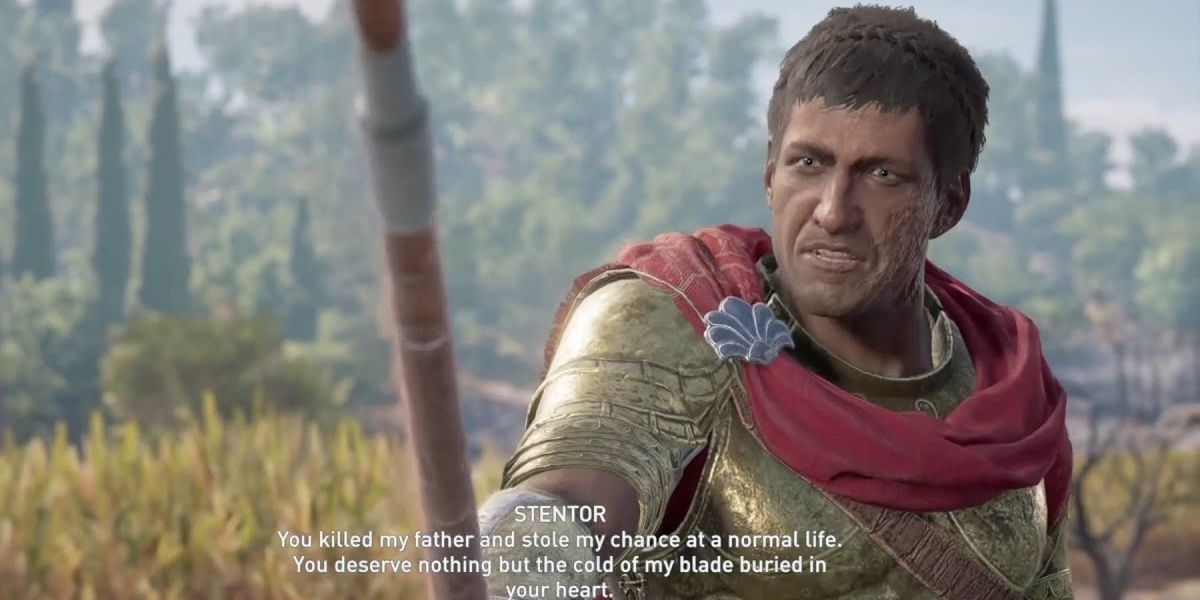 Stentor confronts his fathers killer with a spear