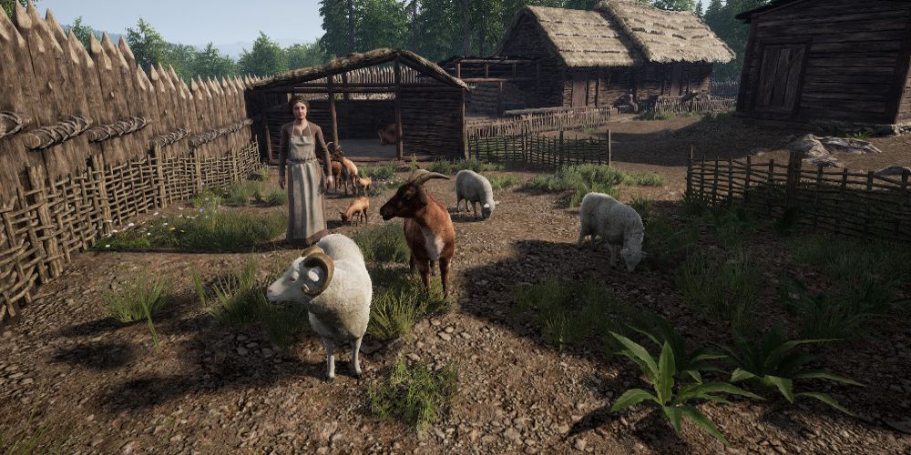 A woman stands on a farm with livestock in Medieval Dynasty