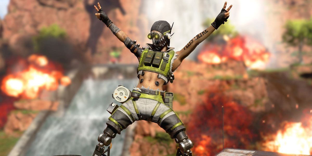 Octane standing with both hands in the air, peace signs on both hands in Apex Legends.