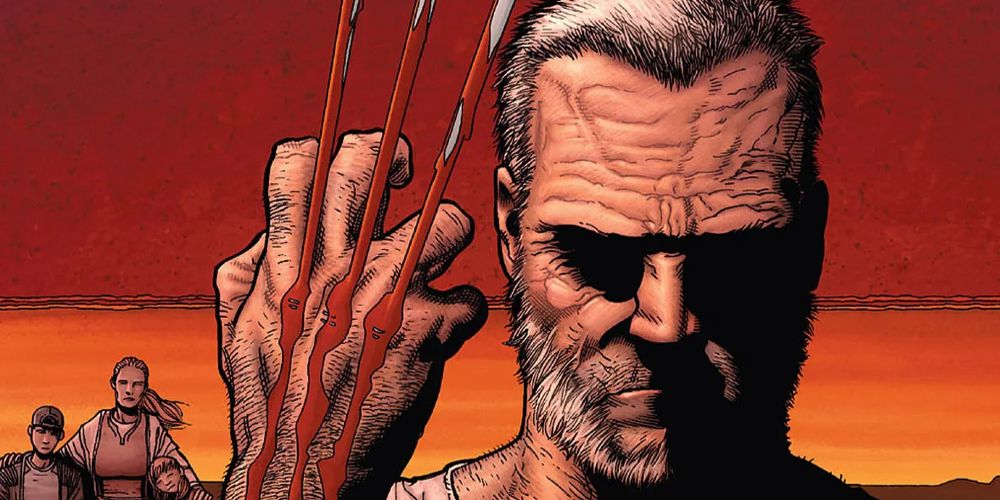 A white haired Logan holds up a bloody claw in Old Man Logan