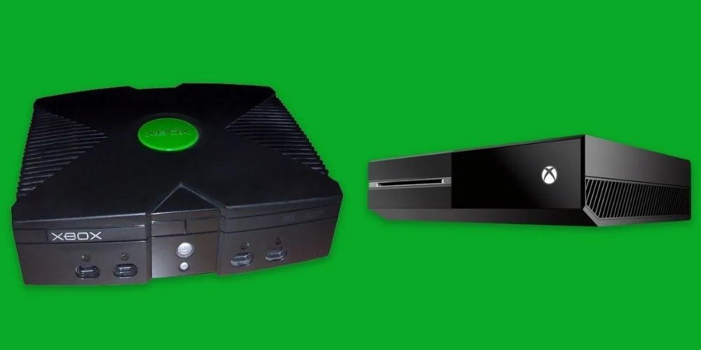 The Xbox One sits next to the original Xbox console from 2001