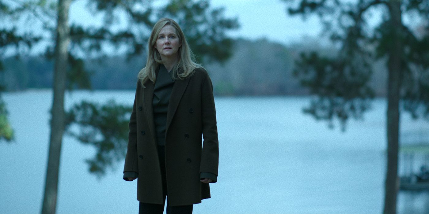 Wendy from Ozark standing outside in a jacket, looking scared.