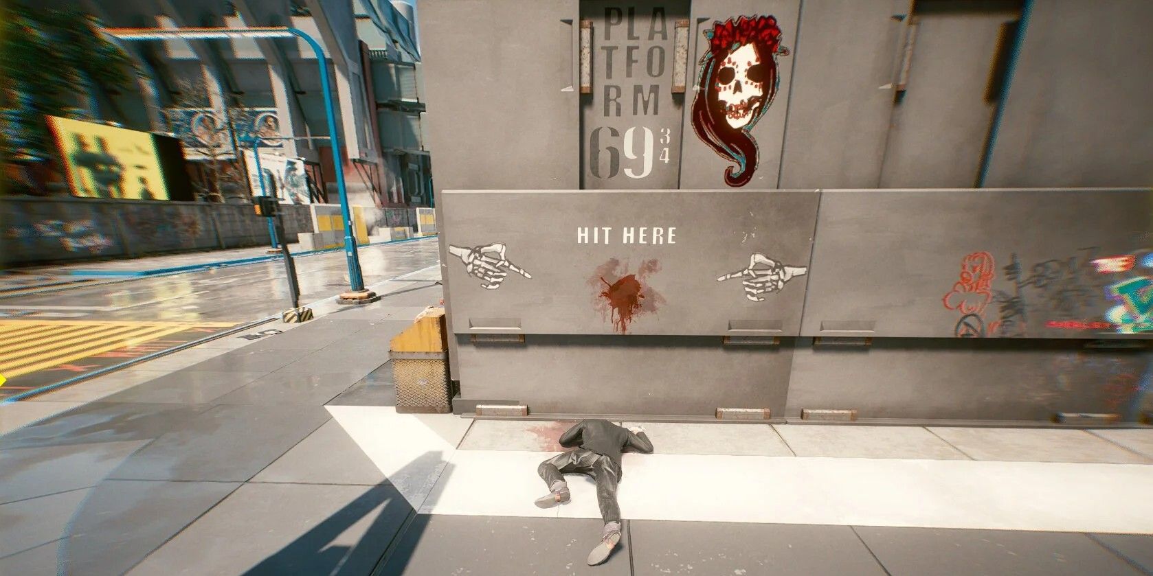 Um cadáver deitado em uma calçada em Cyberpunk 2077's Night City, logo abaixo de uma parede manchada de sangue que diz 