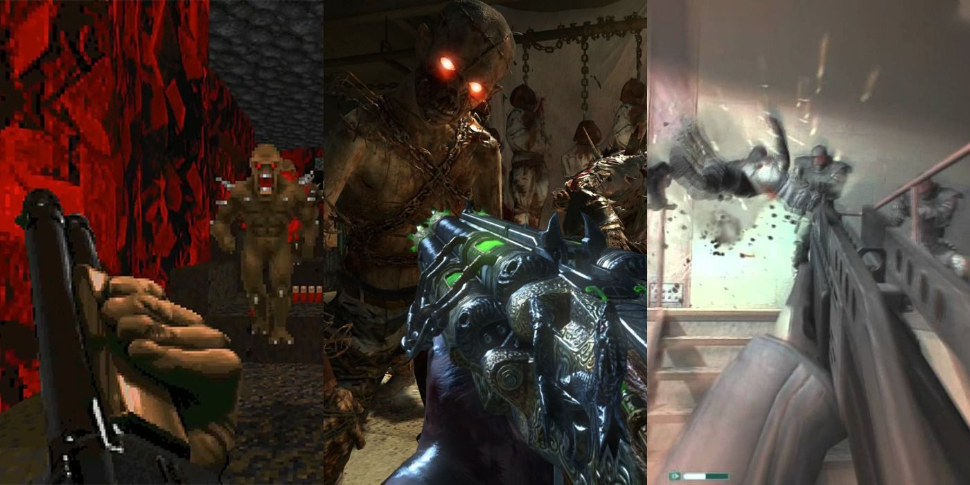 Screenshots from the video games Doom, Call of Duty: Black Ops 2, and FEAR.