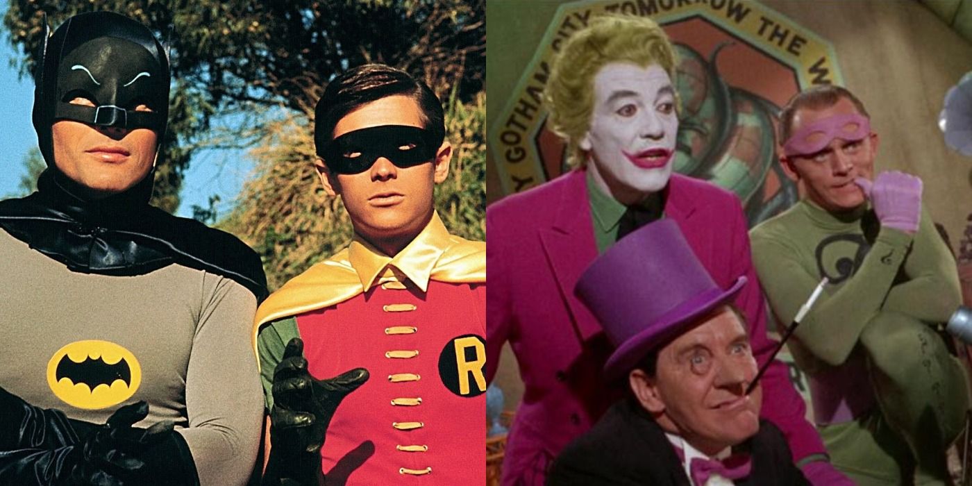 Split image of Batman, Robin, Joker, Penguin and Riddler - 1960s Batman