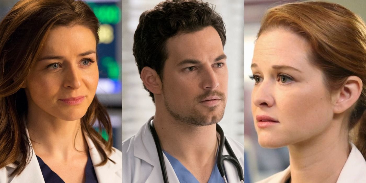 Split screen headshots of Amelia Shepherd, Andrew Deluca, and April Kepner on Grey's Anatomy