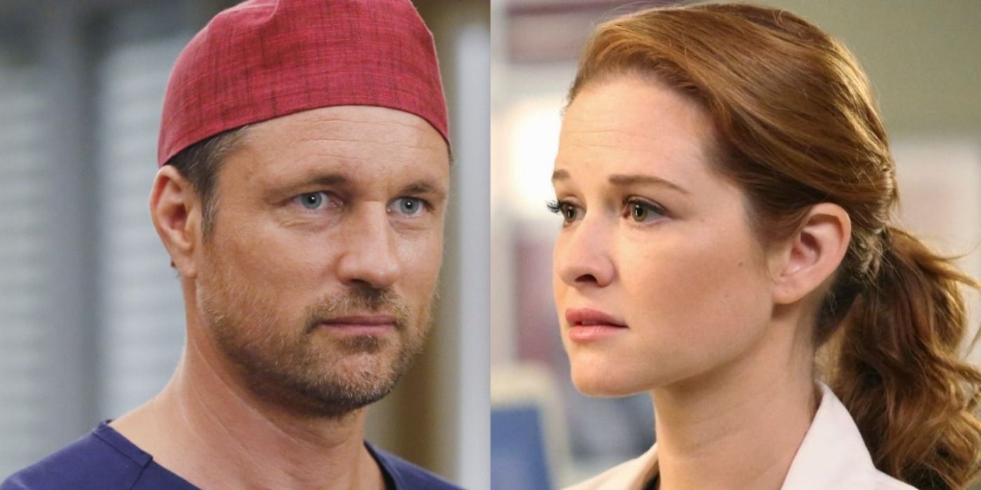 Split screen headshots of Nathan Riggs and April Kepner on Grey's Anatomy