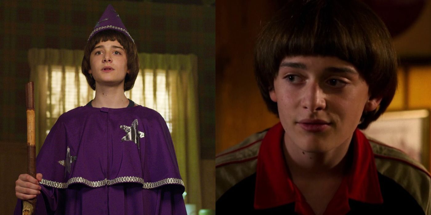 Split screen Will Byers wearing the purple dungeon master cloak and a collared shirt on Stranger Things