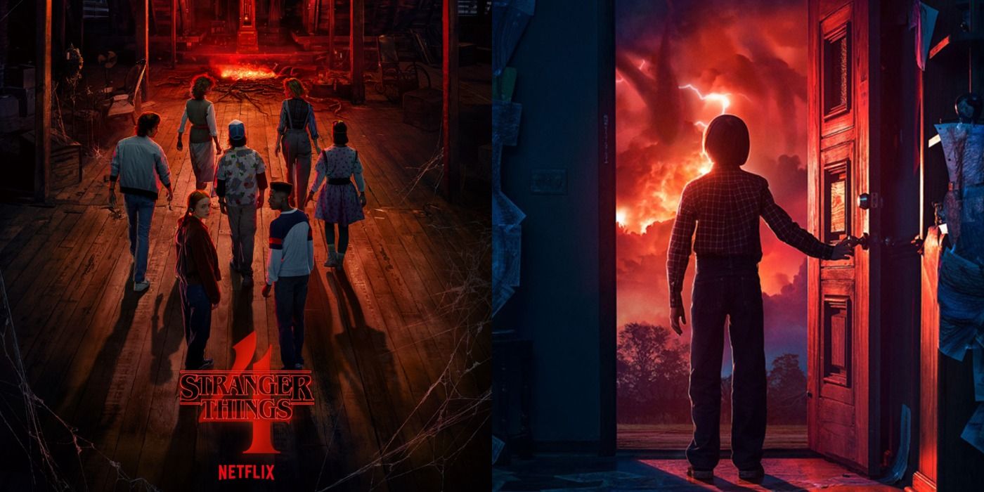 Split screen of Stranger Things Season 4 posters, one of several characters walking toward a fire in the darkness, the other a boy opening a door into fire