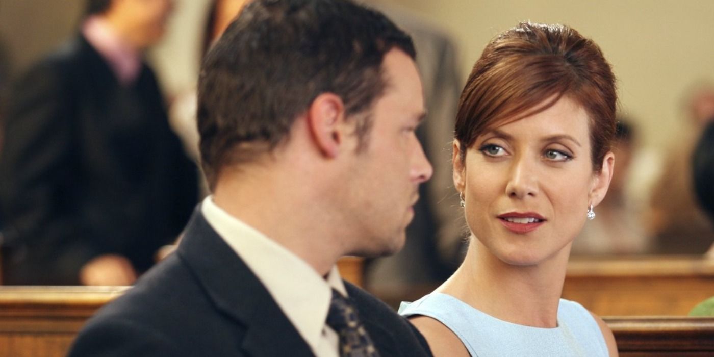 Alex Karev turned toward and Addison Montgomery on a church pew on Grey's Anatomy