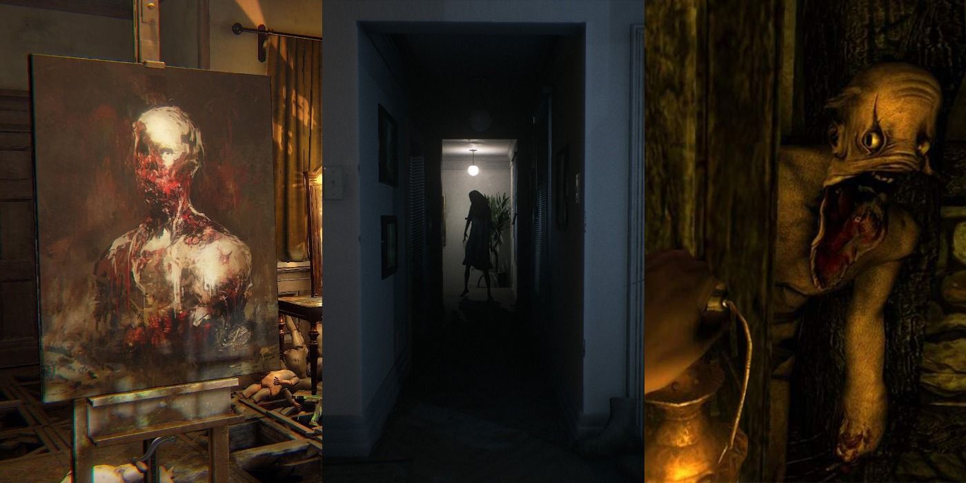 Screenshots from the video games Layers of Fear, Visage, and Amnesia: The Dark Descent.