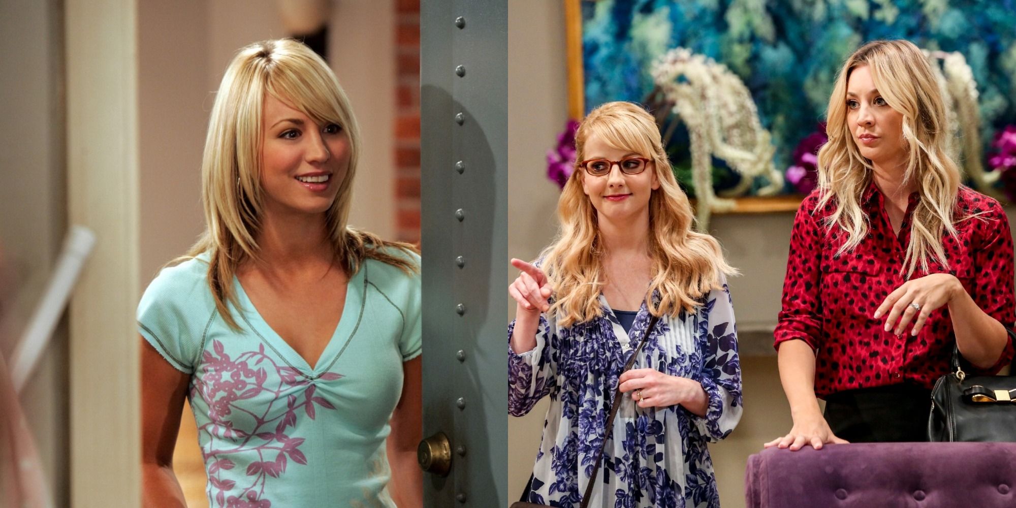 Split image - Penny smiling in a doorway from Season 1 / Bernadette and Penny grinning in Season 12 of The Big Bang Theory
