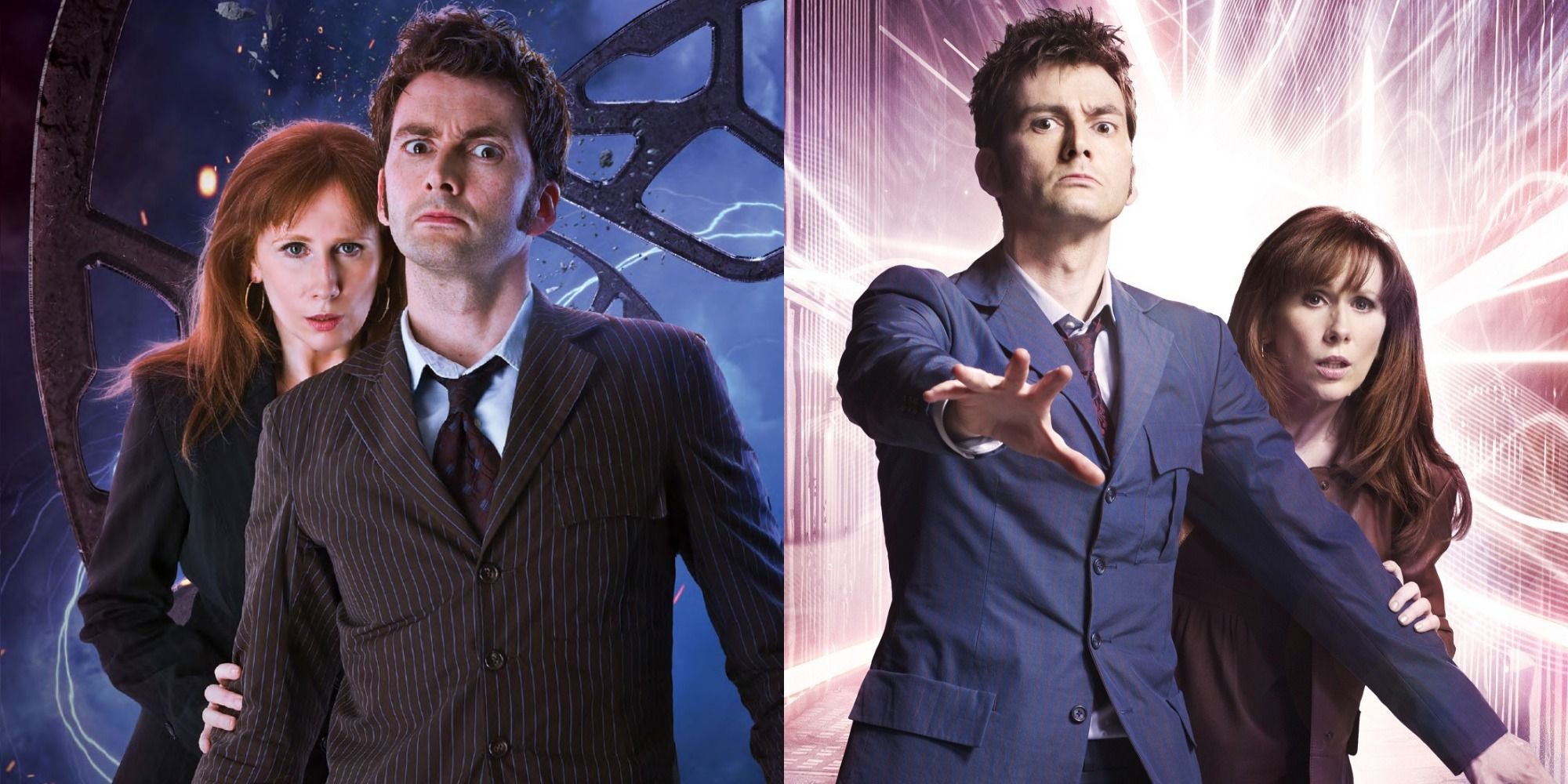 Split image - 10th Doctor and Donna standing in front of a window looking into space / 10th Doctor and Donna looking shocked in front of a background of pink light