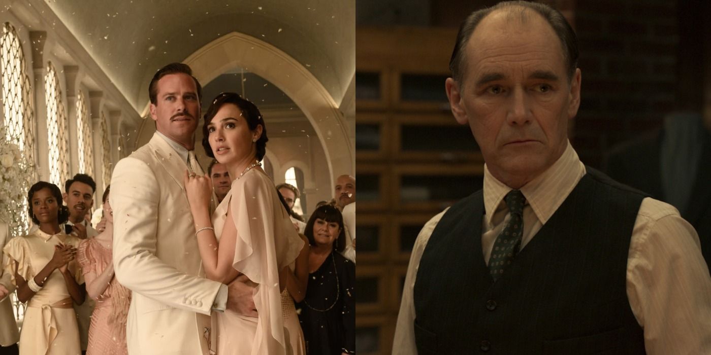 Dual photo of couple from Death on the Nile and Leonard from The Outfit