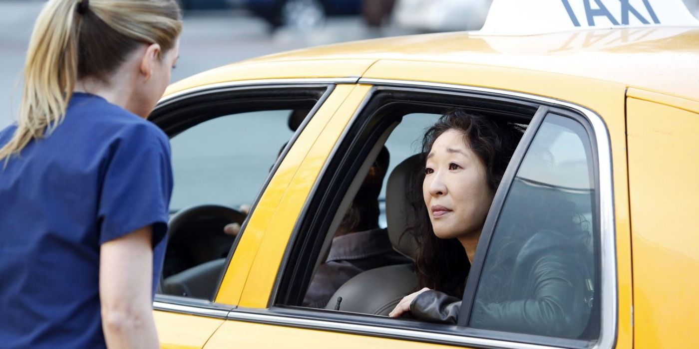 Meredith Grey saying goodbye to Christina Yang in a taxi on Grey's Anatomy