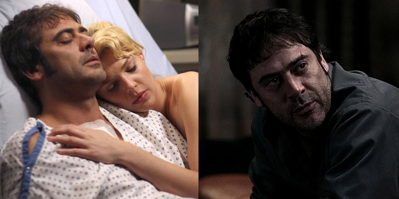 Jeffrey Dean Morgan lying in a hospital bed with Izzie Stevens on Grey's Anatomy split screen with his character on Supernatural