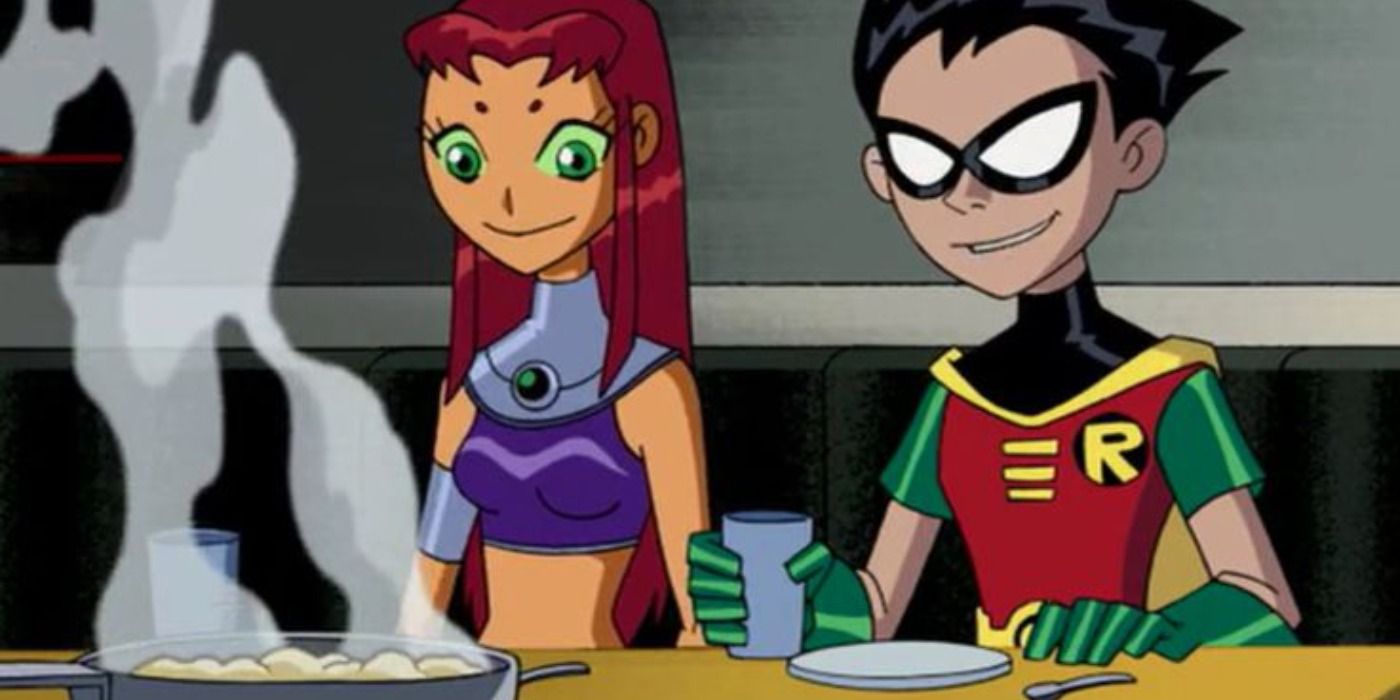 Starfire and Robin eating in Teen Titans