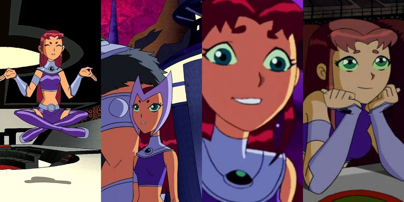 A split image of Starfire meditating and looking peaceful and relaxed in Teen Titans