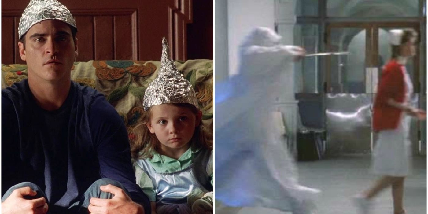 A split image of Merrill and Bo sitting together with a silver cap on their head and on right the gemini miler chasing a nurse with shears