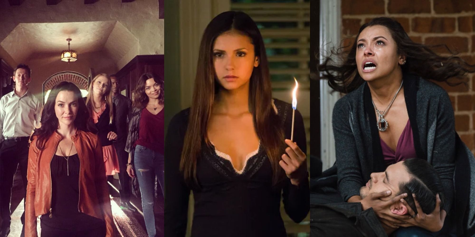 Split image of the Heretics, a sad Elena, and Bonnie crying over Enzo