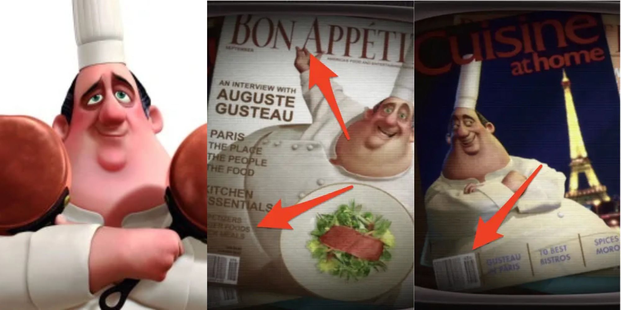Split image of magazines and Gusteau in RATATOUILLE.