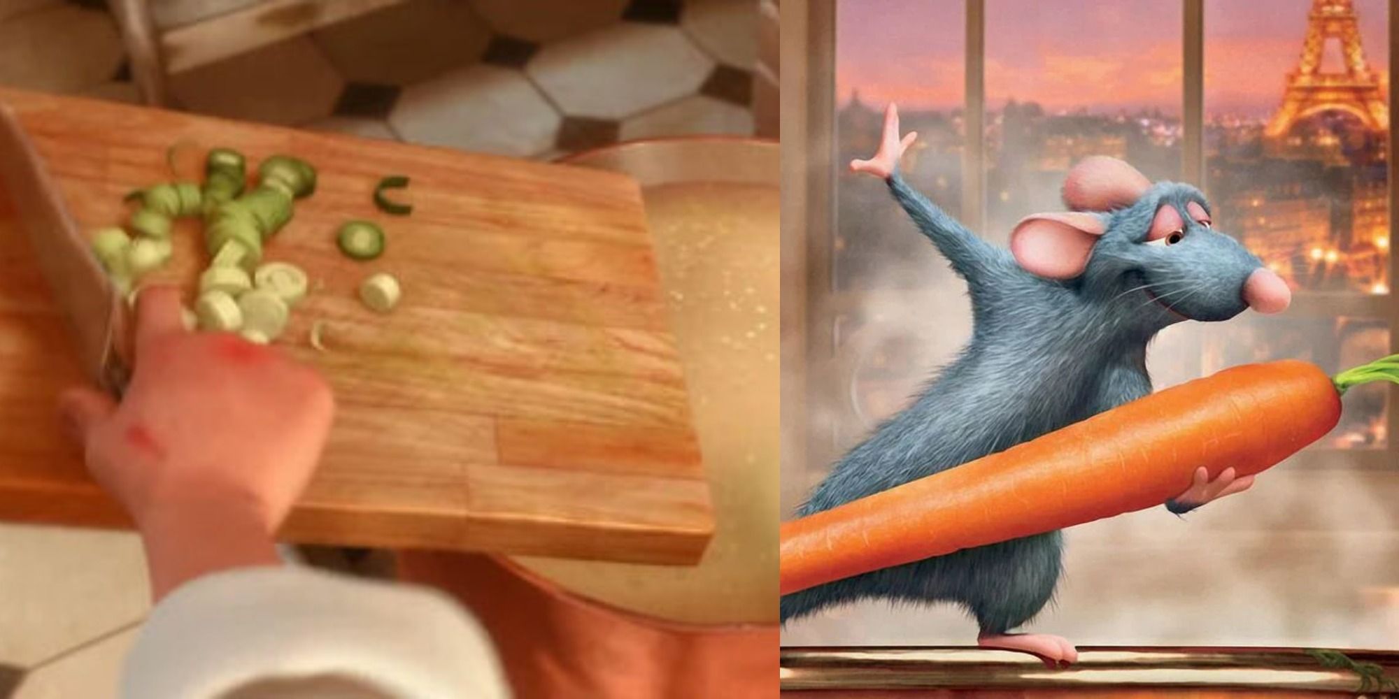 Split image of leeks being chopped, and Remy dancing with a carrot in RATATOUILLE.