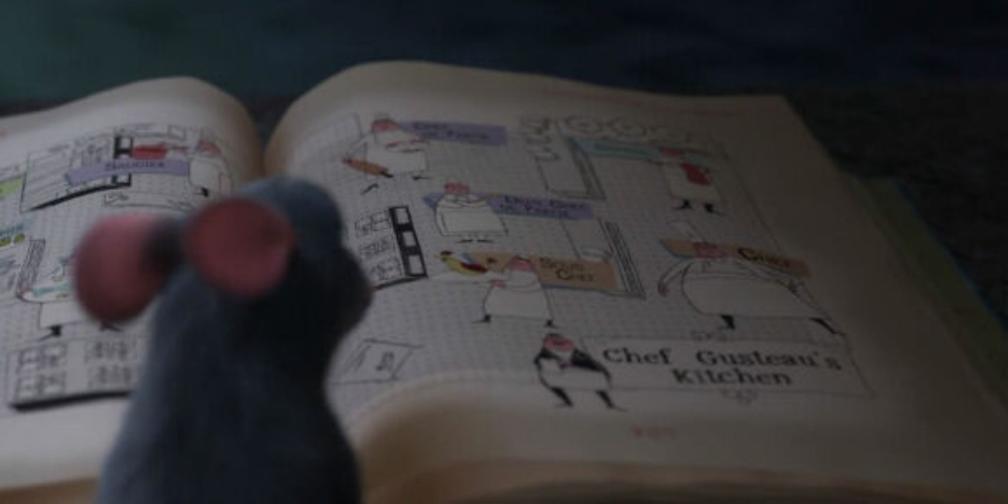 Remy reads Gusteau's cookbook in Ratatouille.