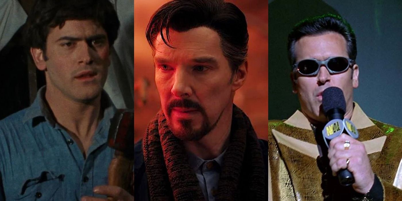 Split image of Bruce Campbell in Evil Dead, Doctor Strange, and Bruce in Spider-Man