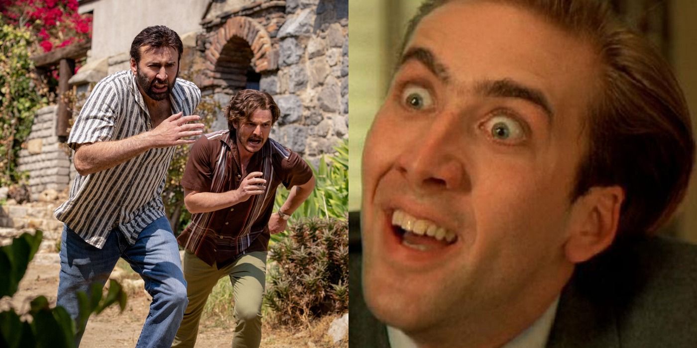 Split image of Nicolas Cage and Pedro Pascal in Unbearable Weight of Massive Talent and Cage in Vampire's Kiss