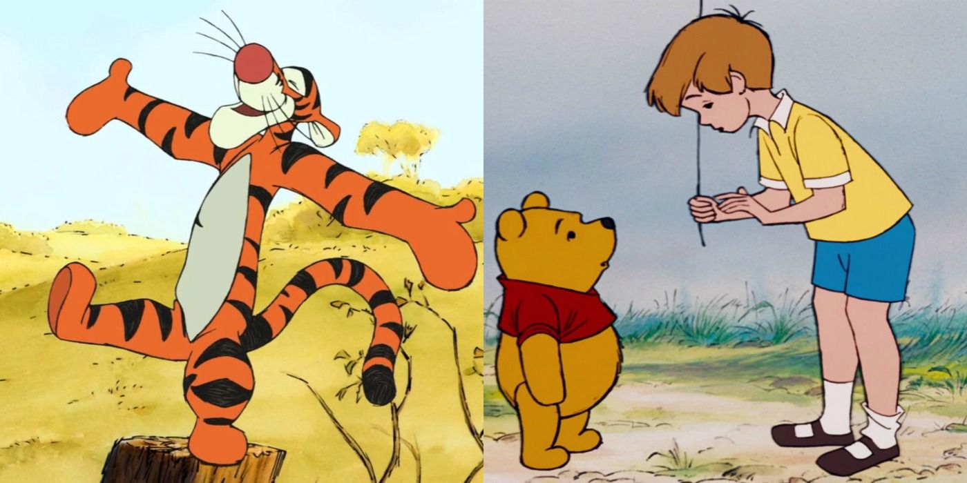 Split image of Tigger and Winnie the Pooh with Christopher Robin