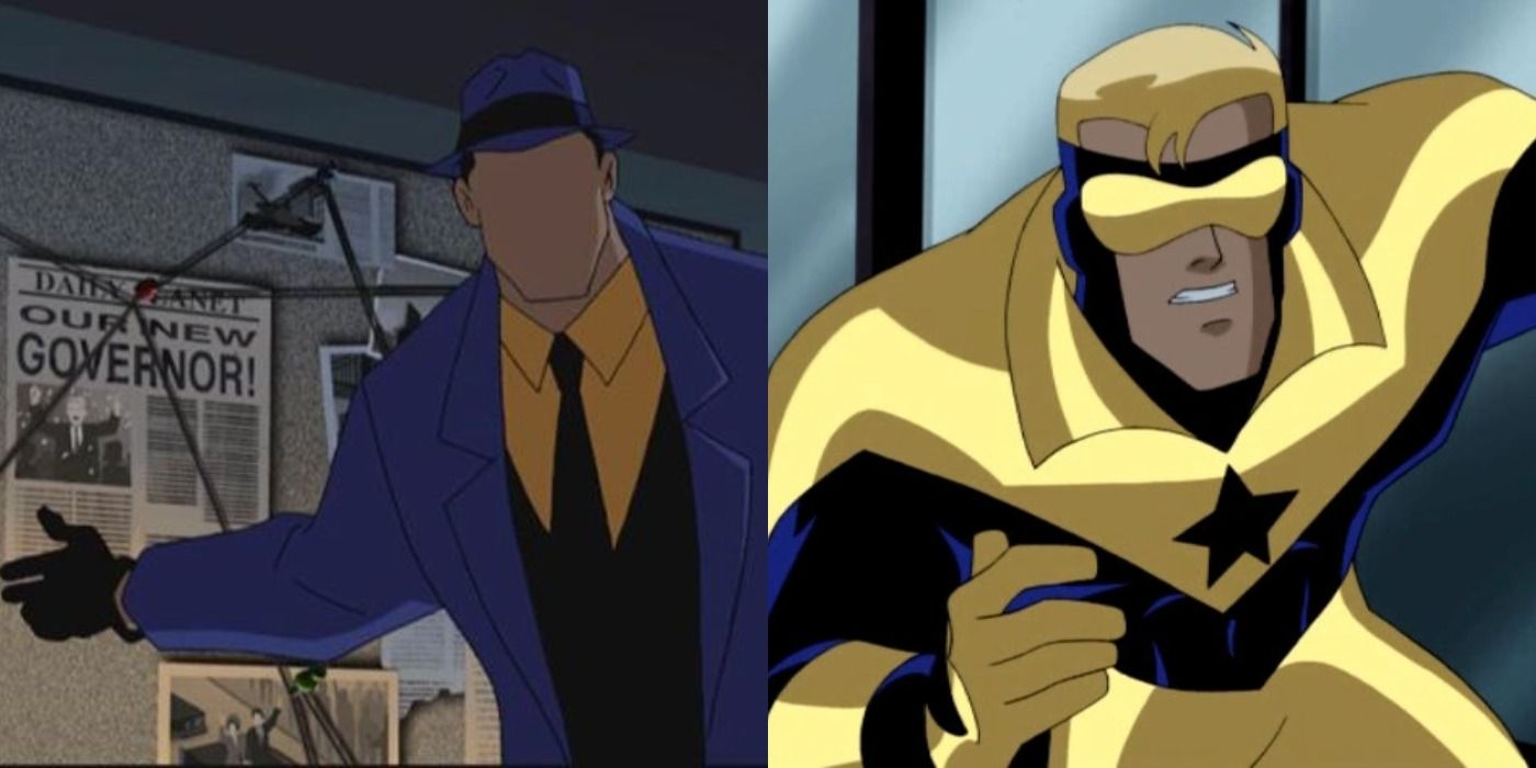 A two-image collage. On the left, the Question gestures towards a conspiracy corkboard. On the right, Booster Gold is in full uniform in Justice League Unlimited.