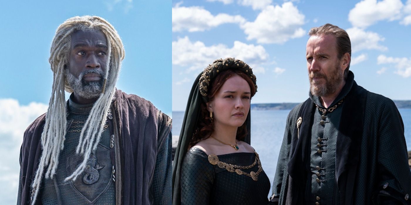 Split image of Corlys Velaryon with Alicent and Otto Hightower in House of the Dragon
