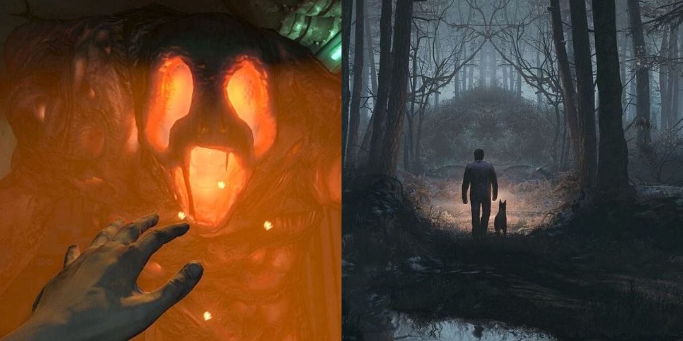 Split image of scenes from Monstrum and The Blair Witch Project game