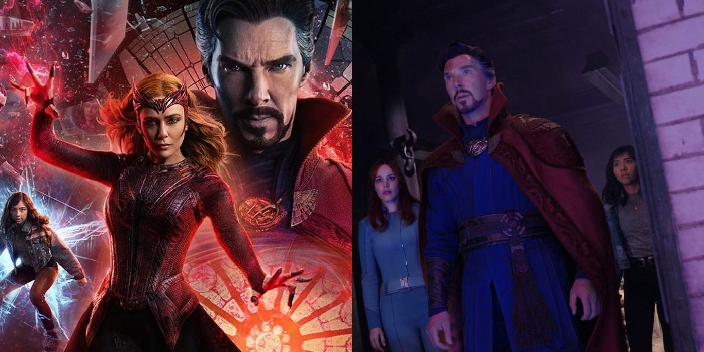 Split image of a Doctor Strange 2 poster and Christine, Stephen, and America in the movie