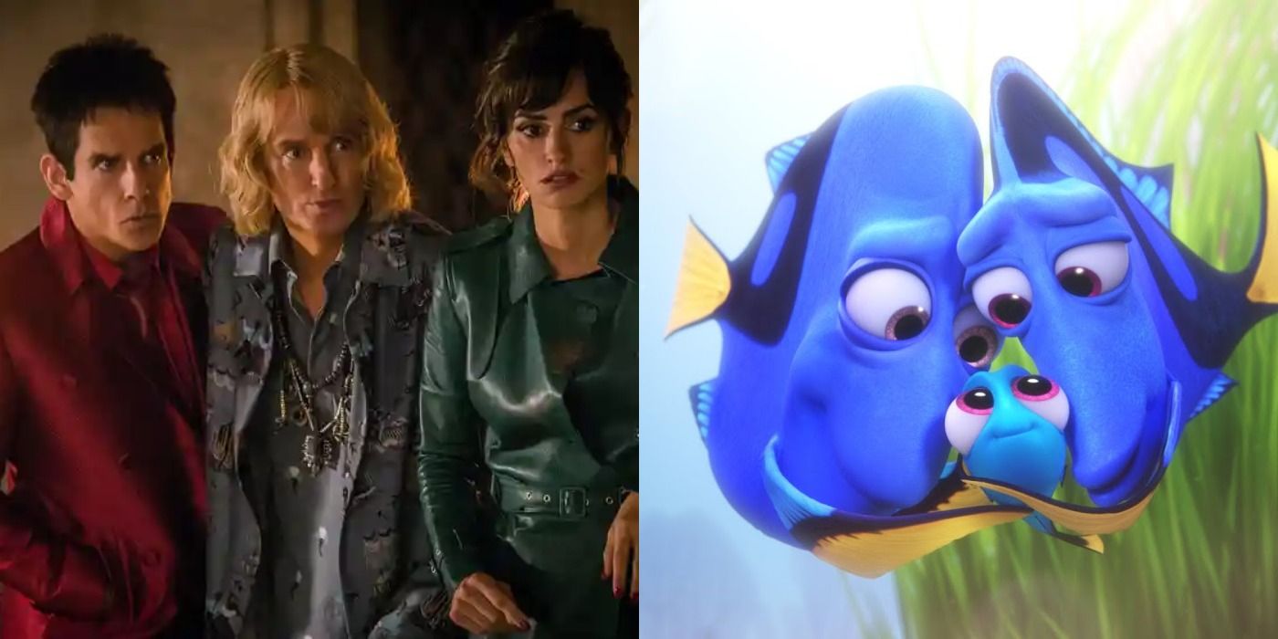 dual photo of models from zoolander and dory and her parents