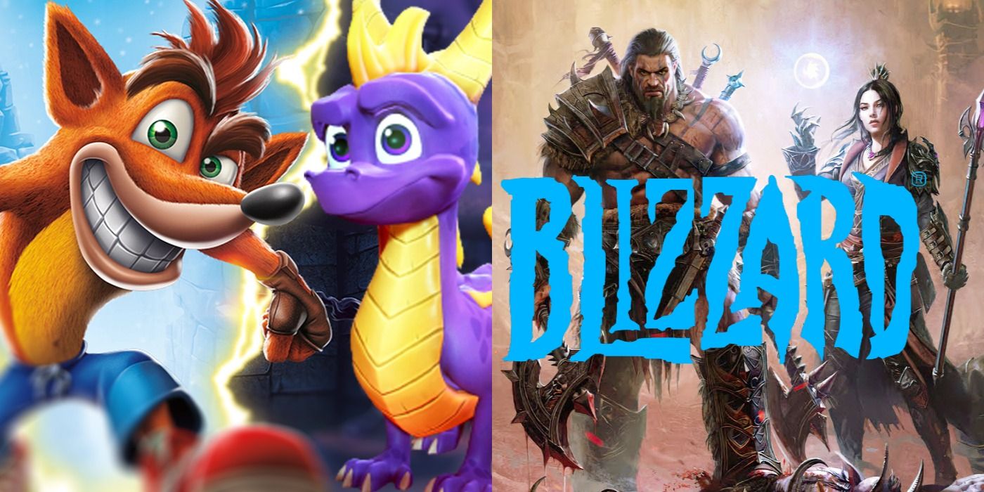 Split image of Crash Bandicoot and Spyro with Diablo characters and the Blizzard logo