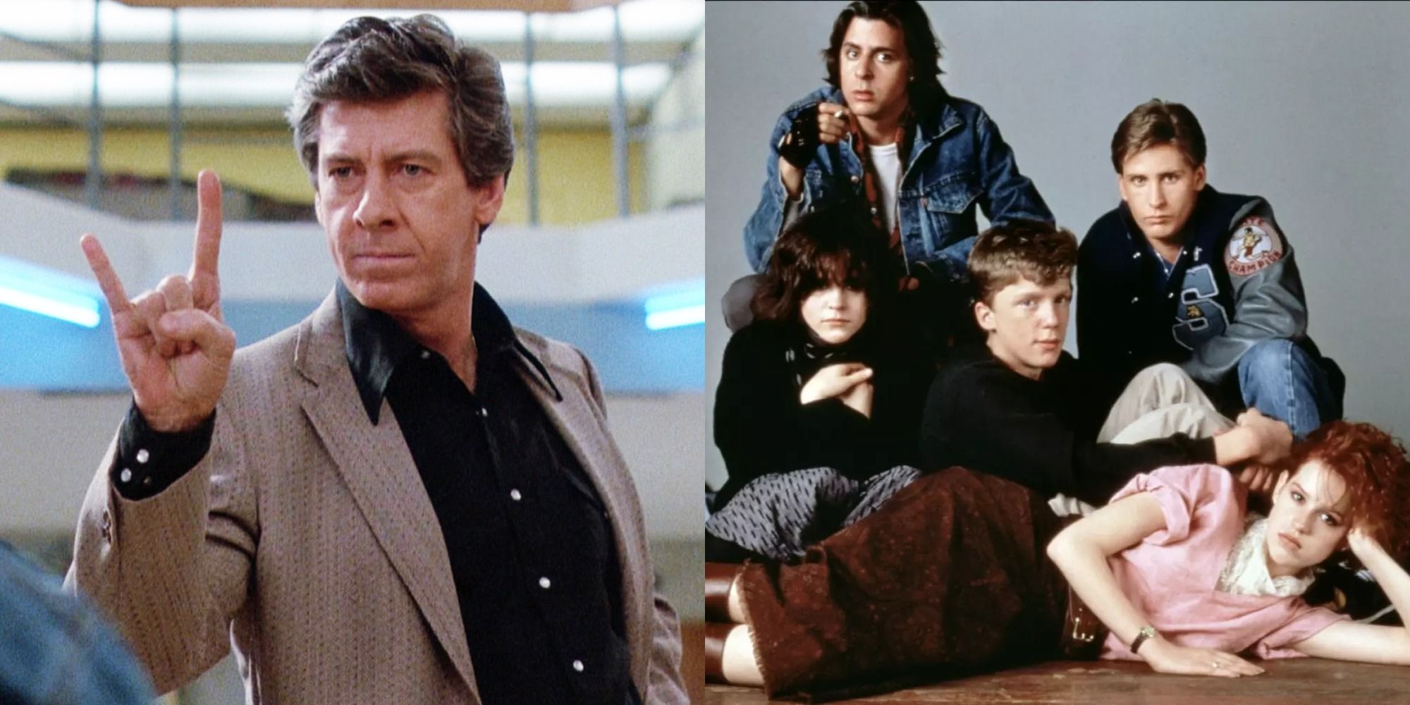 Split image of Vernon making a hand gesture, and the Brat Pack posing in the Breakfast Club