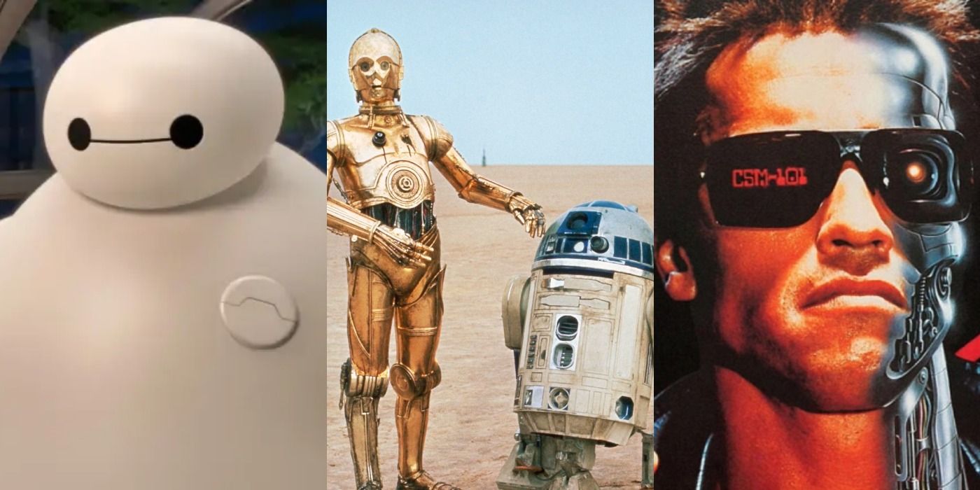 Split image of Baymax, C-3PO, R2-D2 and the Terminator - Movie Robots