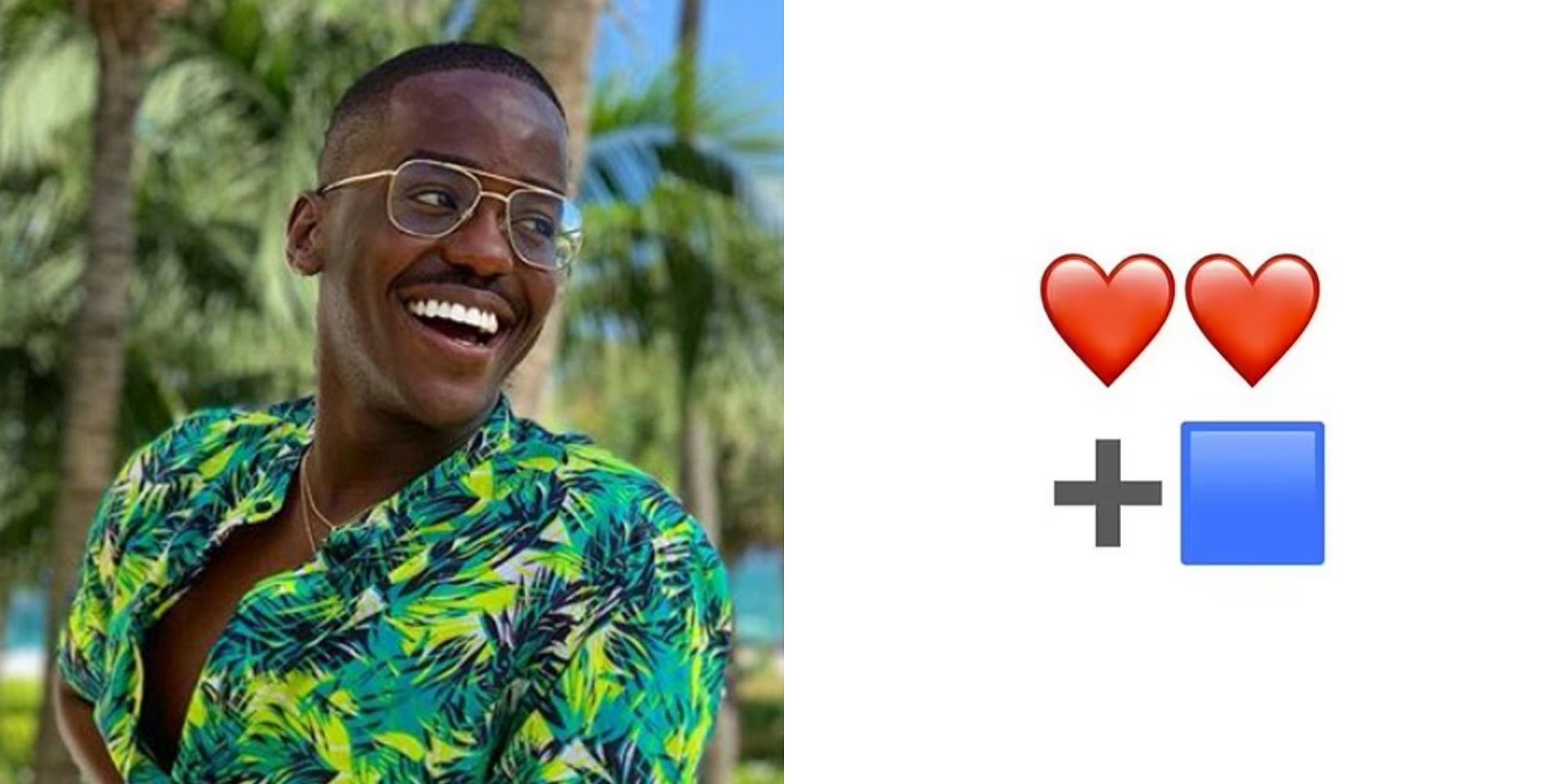 Split image of Gatwa smiling, and emojis of two hearts, a plus sign and blue box for Doctor Who