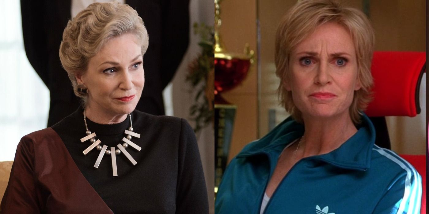 Split screen of Jane Lynch on Mrs. Maisel and on Glee