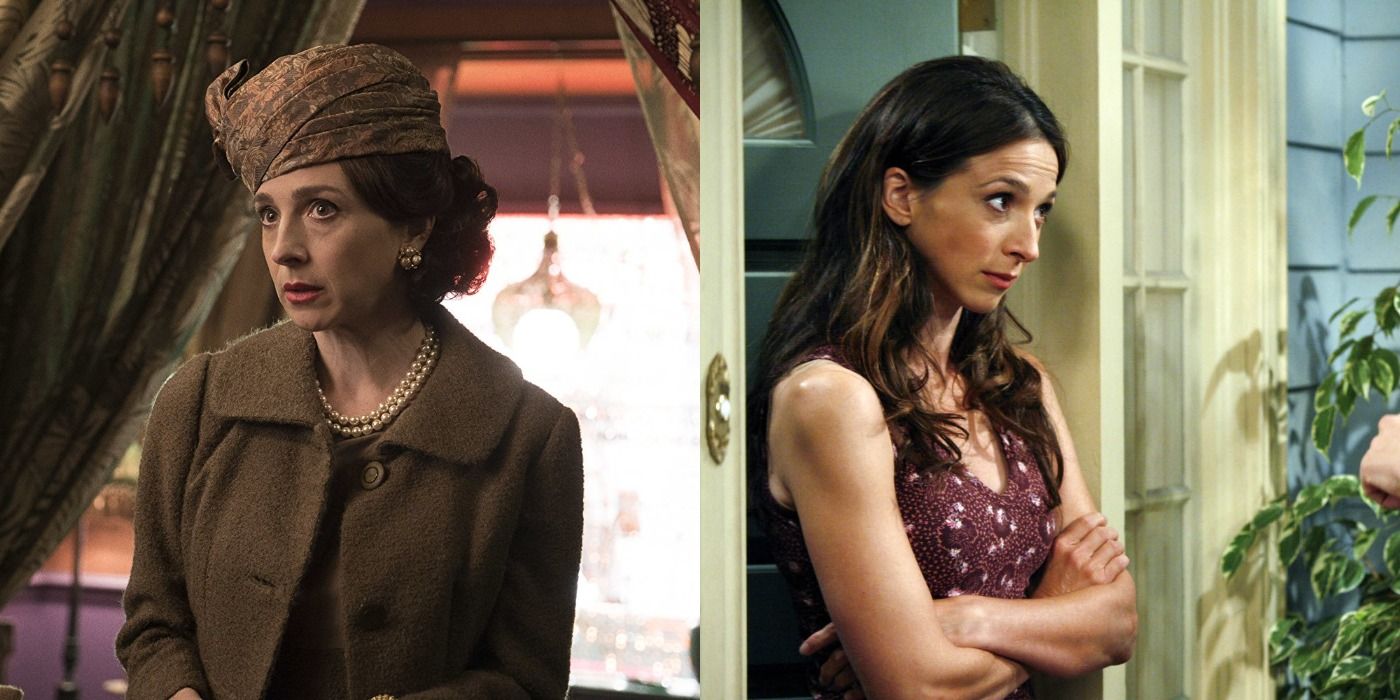 Split screen of Marin Hinkle on Mrs. Maisel and Two and a Half Men