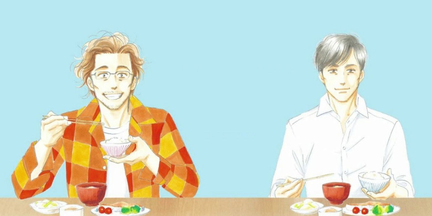 Shiro Kakei and Kenji Yabuki eating food in What Did You Eat Yesterday